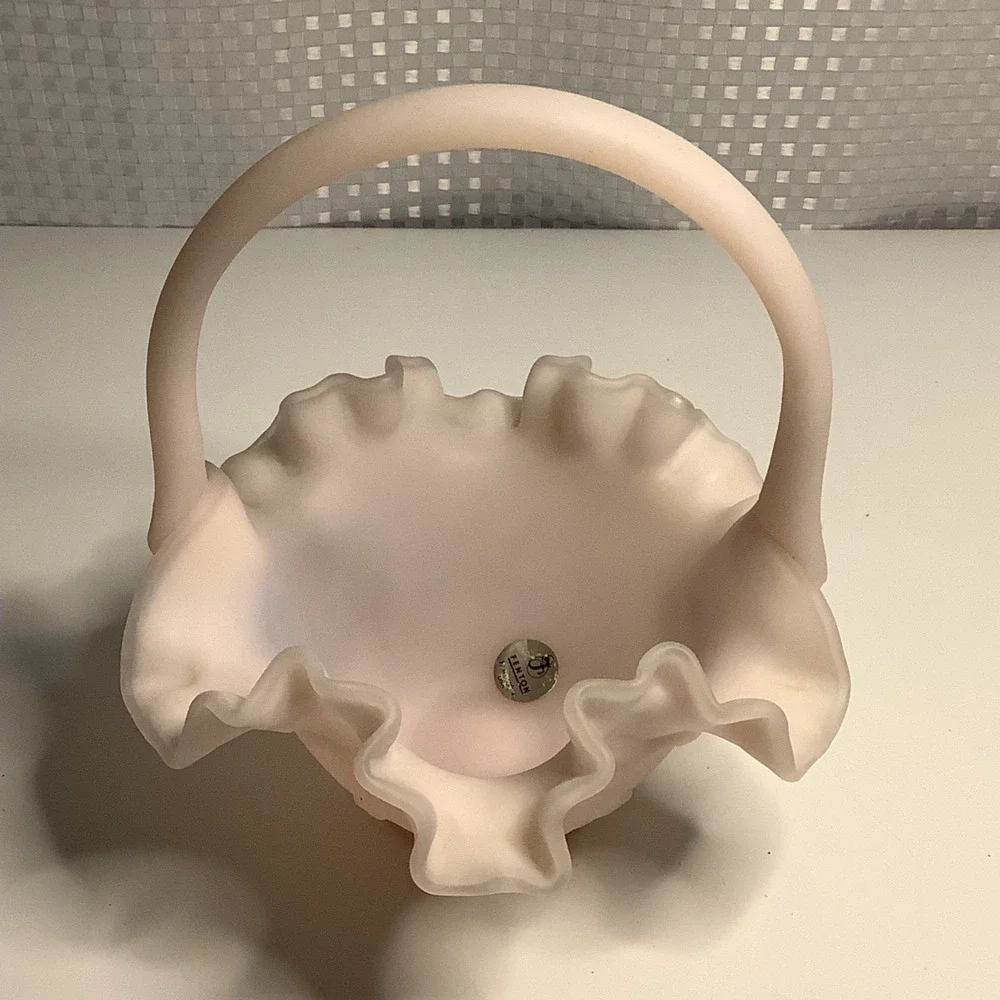 Fenton Pink Satin Glass Basket Ruffle Hearts & Flowers Hand Painted w/ Signature